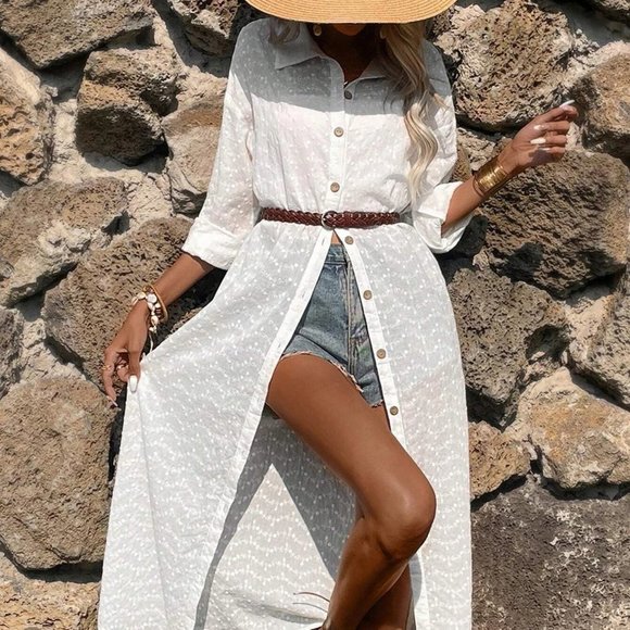 White Boho Womens Solid Button Front Longline Blouse - Picture 5 of 5